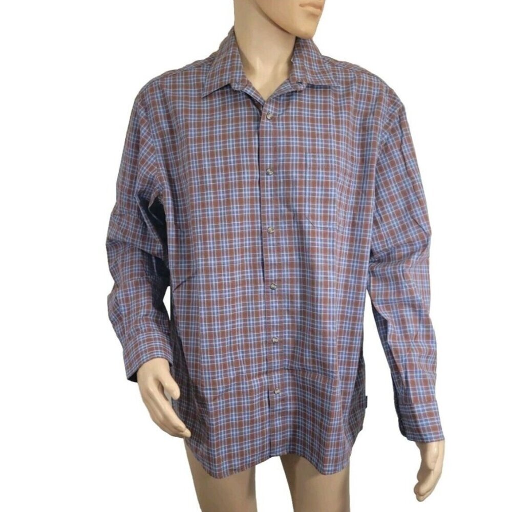 Rowm Men's Shirt Size XL Button Up Long Sleeve Cotton Brown Blue 31